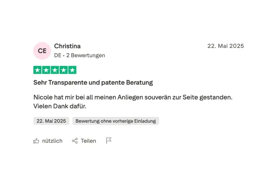 Trustpilot-Bewertung einer Kundin