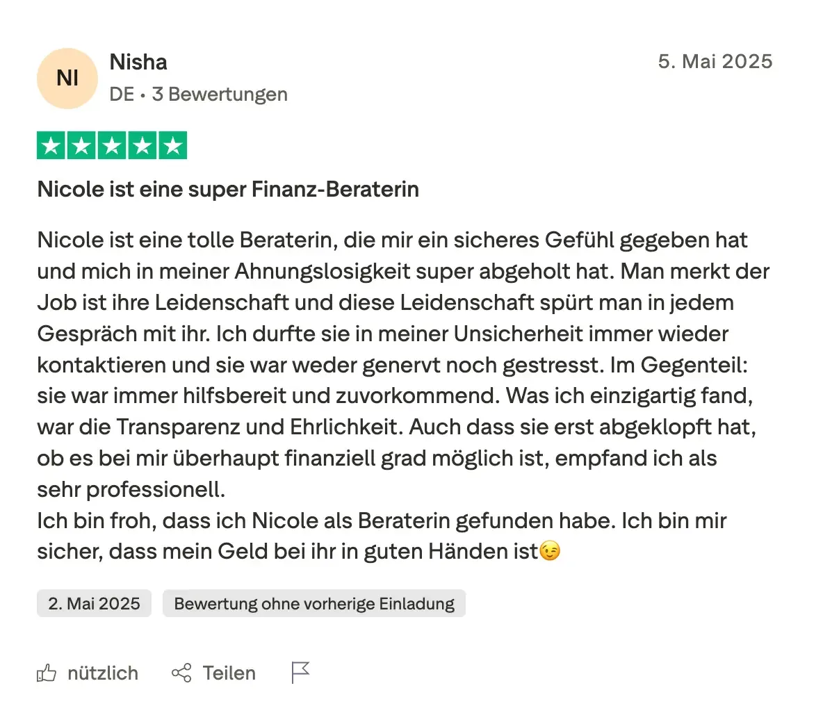 Trustpilot-Bewertung einer Kundin